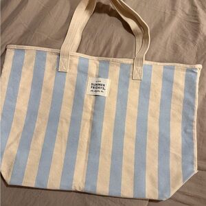 Summer Fridays Blue and Cream Striped Tote